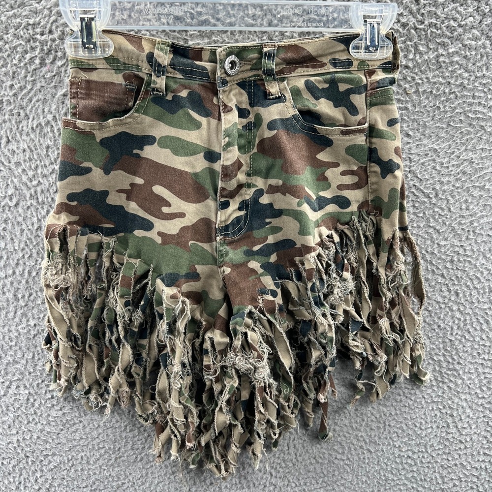 Womens Camo Fringe Shorts S Shredded Y2K Grunge Festival Punk Streetwear Western